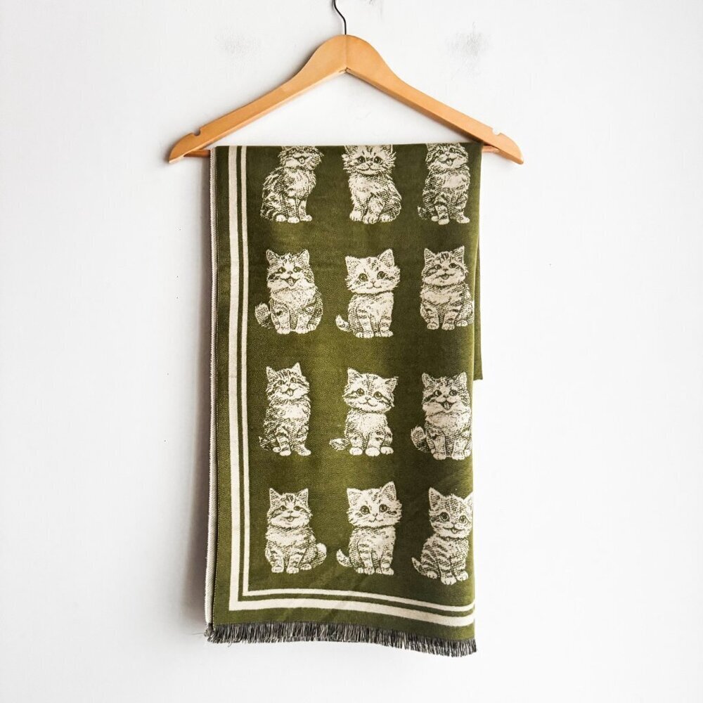 Kittens Print Bright Green Large Cozy Double Sided scarf - Picture 2 of 5
